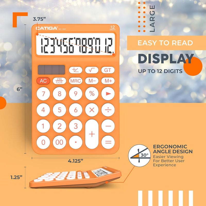CATIGA 12 Digit Desktop Calculator Basic Desk Calculator with Large LCD Display, Big Buttons, 4 Function, Solar and Battery Dual Power, for Office, School, Home, SD-1292 Orange - Image 4